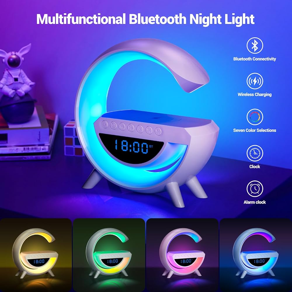 Lampă Gaming RGB cu Încărcare Wireless, Difuzor Bluetooth și Ceas cu Alarmă – 5 în 1