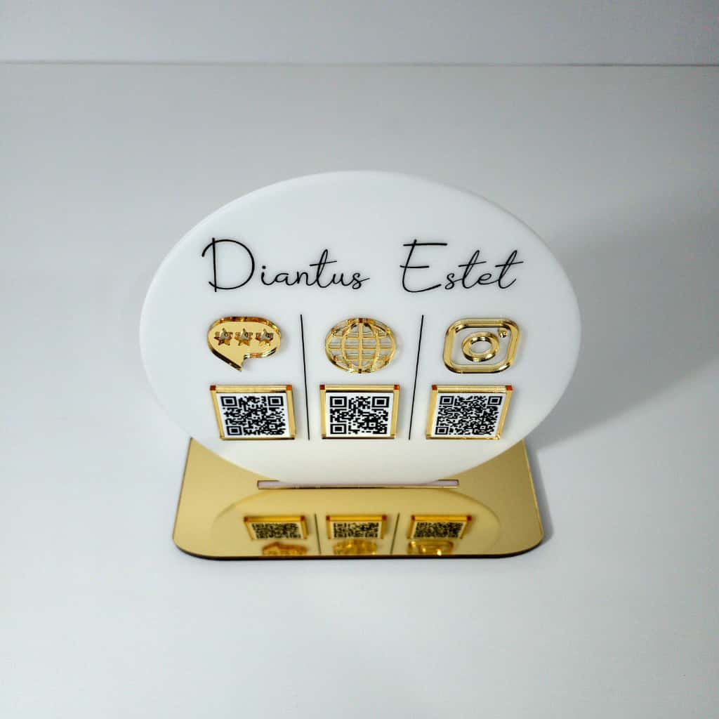 Plachetă Rotundă Personalizată cu Trei Coduri QR - Acrilic Alb Lucios & Auriu Oglindă