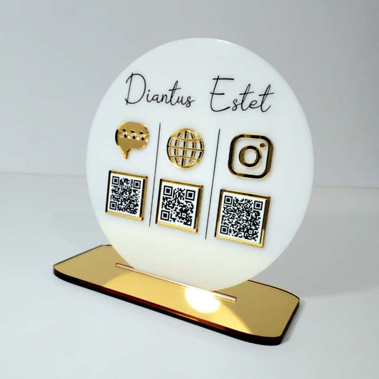 Plachetă Rotundă Personalizată cu Trei Coduri QR - Acrilic Alb Lucios & Auriu Oglindă