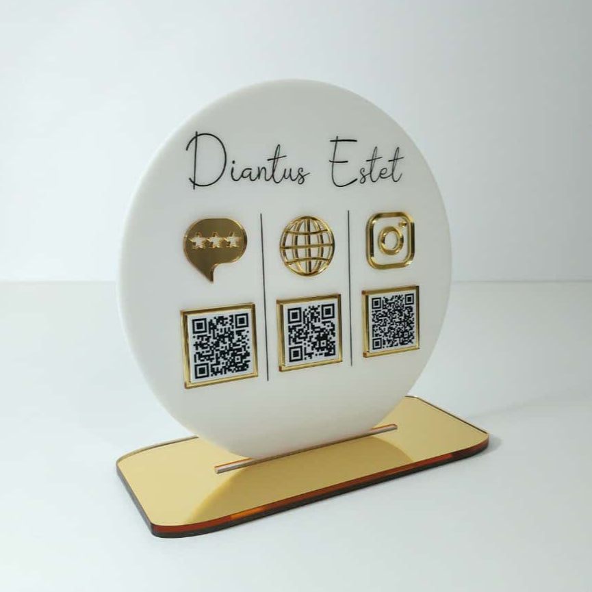 Plachetă Rotundă Personalizată cu Trei Coduri QR - Acrilic Alb Lucios & Auriu Oglindă
