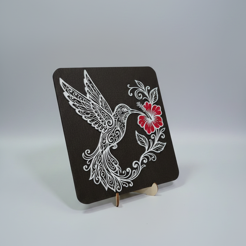 Colibri și Floare de Hibiscus – Decorațiune de perete din lemn
