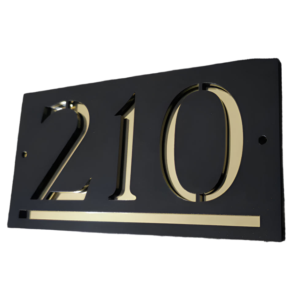 Plăcuță Număr Casă Personalizată – Acrilic Negru Lucios & Auriu Oglindă - IXERIO