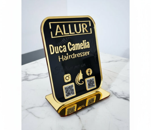 Plachetă Personalizată cu Coduri QR Multiple - Hairdresser (Acrilic Negru Lucios & Auriu Oglindă)