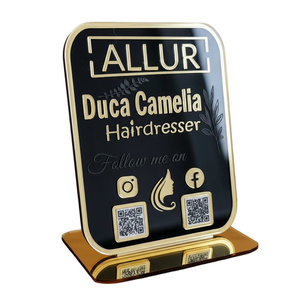 Plachetă Personalizată cu Coduri QR Multiple - Hairdresser (Acrilic Negru Lucios & Auriu Oglindă)