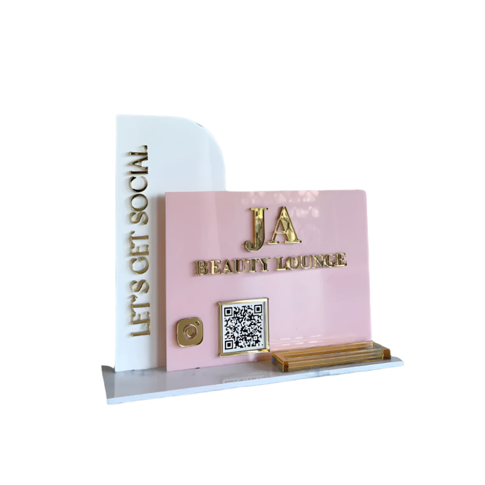 Plachetă Personalizată cu Coduri QR Multiple - Acrilic Alb Lucios, Roz & Auriu Oglindă - IXERIO