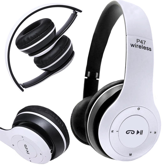 Căști Wireless Bluetooth P47 cu Microfon, FM Radio și MP3 – Alb