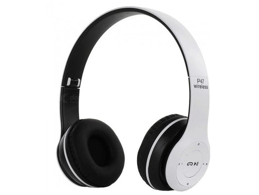 Căști Wireless Bluetooth P47 cu Microfon, FM Radio și MP3 – Alb