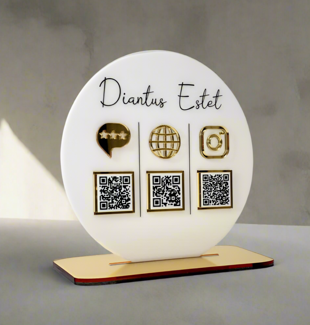 Plachetă Rotundă Personalizată cu Trei Coduri QR - Acrilic Alb Lucios & Auriu Oglindă
