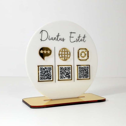Plachetă Rotundă Personalizată cu Trei Coduri QR - Acrilic Alb Lucios & Auriu Oglindă