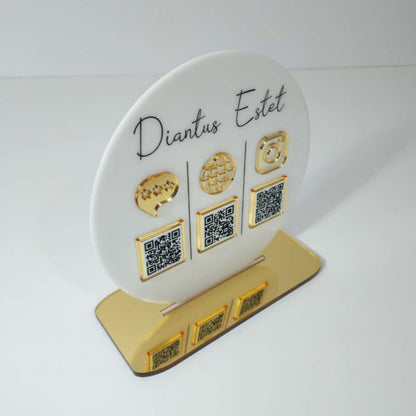 Plachetă Rotundă Personalizată cu Trei Coduri QR - Acrilic Alb Lucios & Auriu Oglindă
