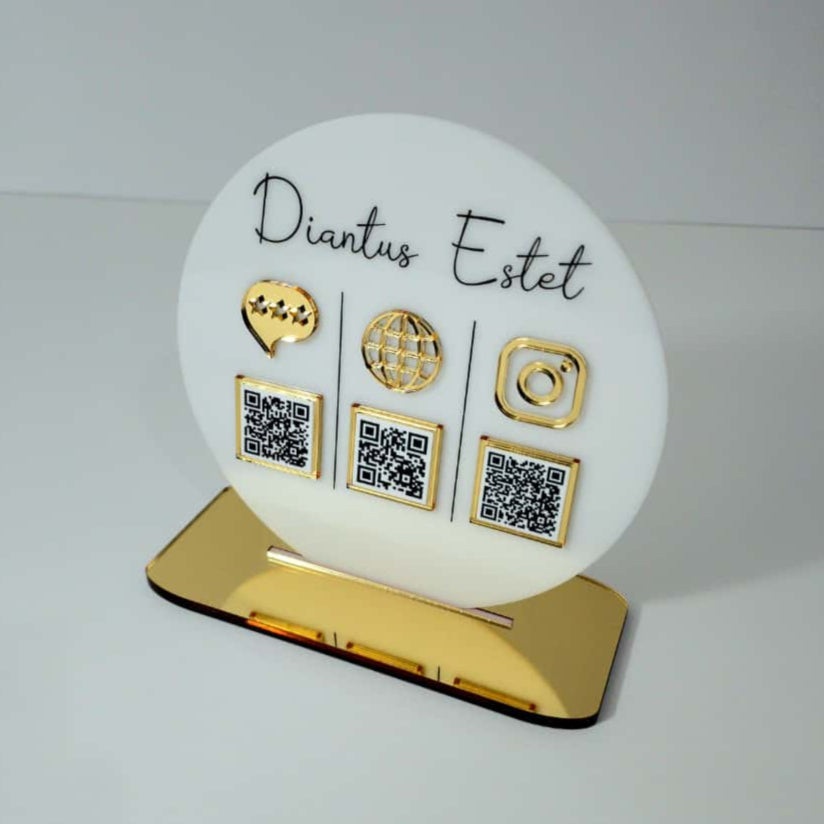 Plachetă Rotundă Personalizată cu Trei Coduri QR - Acrilic Alb Lucios & Auriu Oglindă