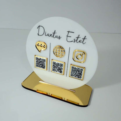 Plachetă Rotundă Personalizată cu Trei Coduri QR - Acrilic Alb Lucios & Auriu Oglindă
