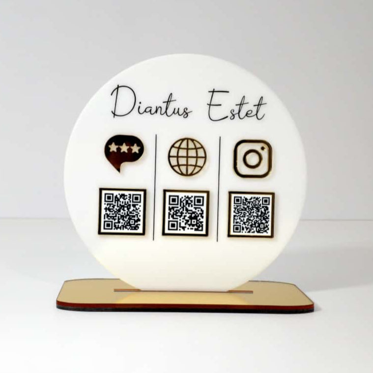 Plachetă Rotundă Personalizată cu Trei Coduri QR - Acrilic Alb Lucios & Auriu Oglindă