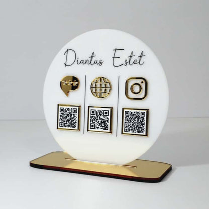 Plachetă Rotundă Personalizată cu Trei Coduri QR - Acrilic Alb Lucios & Auriu Oglindă