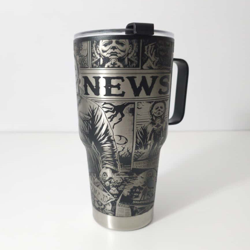 Termos Halloween Michael Myers – Gravură Laser Full Wrap, 845 ml, Negru Mat