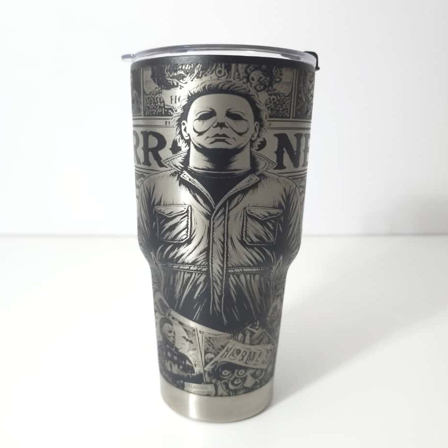 Termos Halloween Michael Myers – Gravură Laser Full Wrap, 845 ml, Negru Mat
