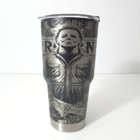Termos Halloween Michael Myers – Gravură Laser Full Wrap, 845 ml, Negru Mat