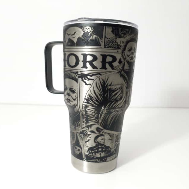 Termos Halloween Michael Myers – Gravură Laser Full Wrap, 845 ml, Negru Mat