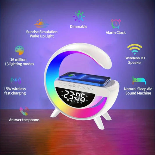 Lampă Gaming RGB cu Încărcare Wireless, Difuzor Bluetooth și Ceas cu Alarmă – 5 în 1