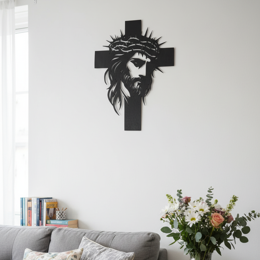 Cruce decorativă cu chipul lui Iisus – tăiată laser ✝️