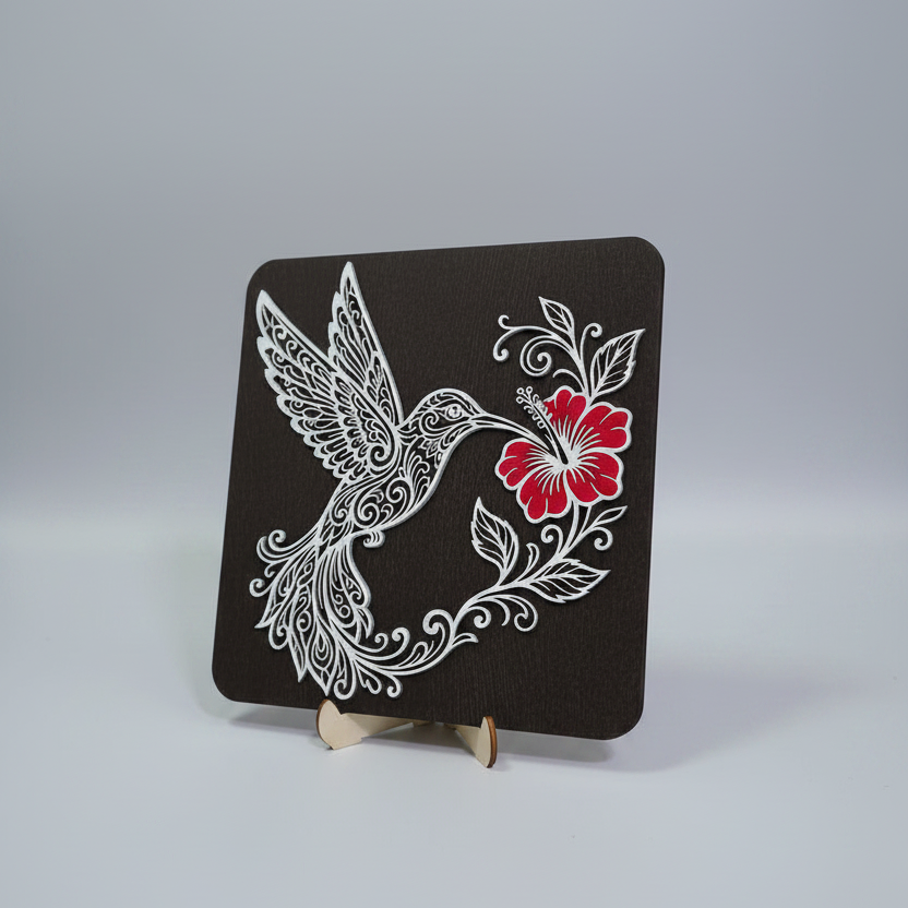 Colibri și Floare de Hibiscus – Decorațiune de perete din lemn