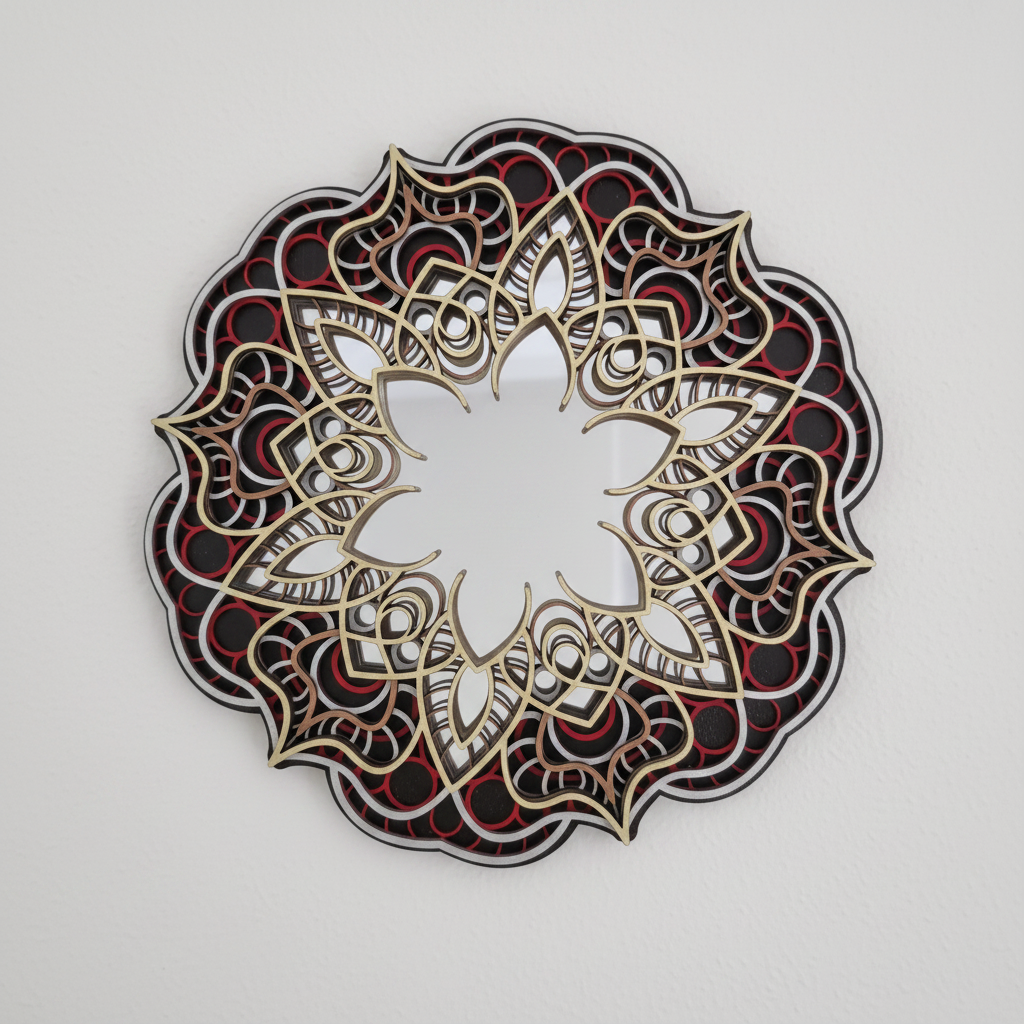 Oglindă decorativă Mandala din lemn – 5 straturi cu oglindă acrilică