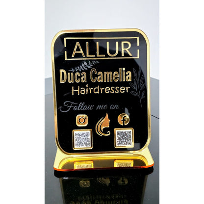 Plachetă Personalizată cu Coduri QR Multiple - Hairdresser (Acrilic Negru Lucios & Auriu Oglindă)