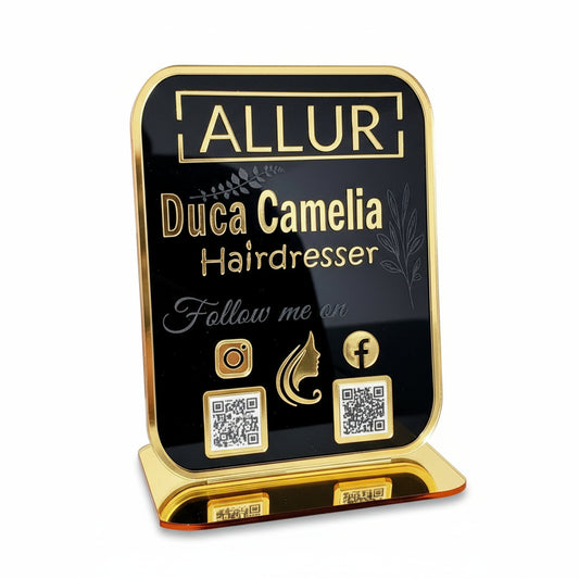 Plachetă Personalizată cu Coduri QR Multiple - Hairdresser (Acrilic Negru Lucios & Auriu Oglindă)