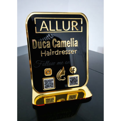 Plachetă Personalizată cu Coduri QR Multiple - Hairdresser (Acrilic Negru Lucios & Auriu Oglindă)