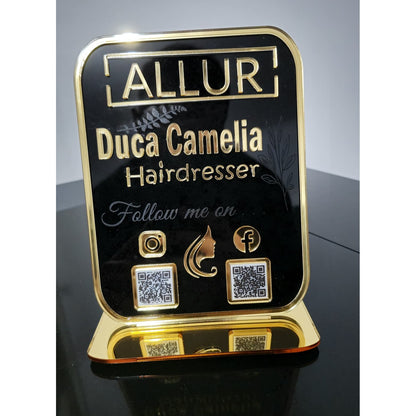 Plachetă Personalizată cu Coduri QR Multiple - Hairdresser (Acrilic Negru Lucios & Auriu Oglindă)