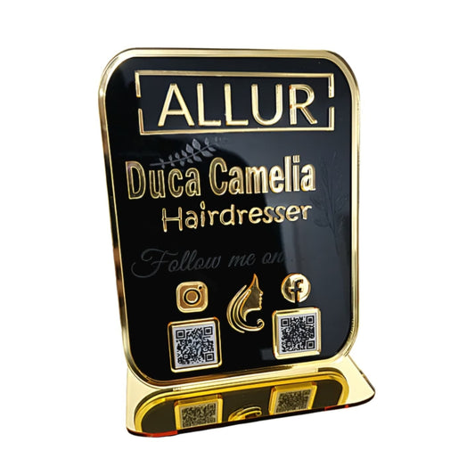 Plachetă Personalizată cu Coduri QR Multiple - Hairdresser (Acrilic Negru Lucios & Auriu Oglindă)