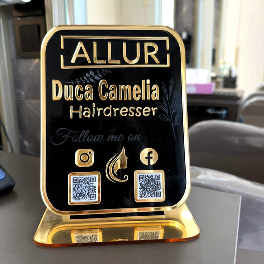 Plachetă Personalizată cu Coduri QR Multiple - Hairdresser (Acrilic Negru Lucios & Auriu Oglindă)