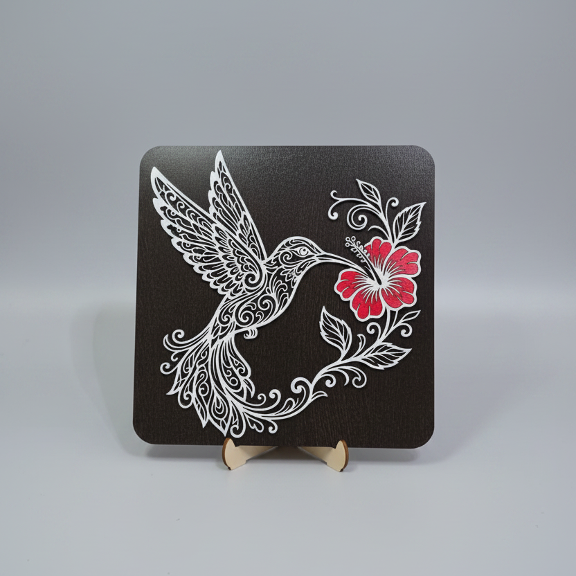 Colibri și Floare de Hibiscus – Decorațiune de perete din lemn