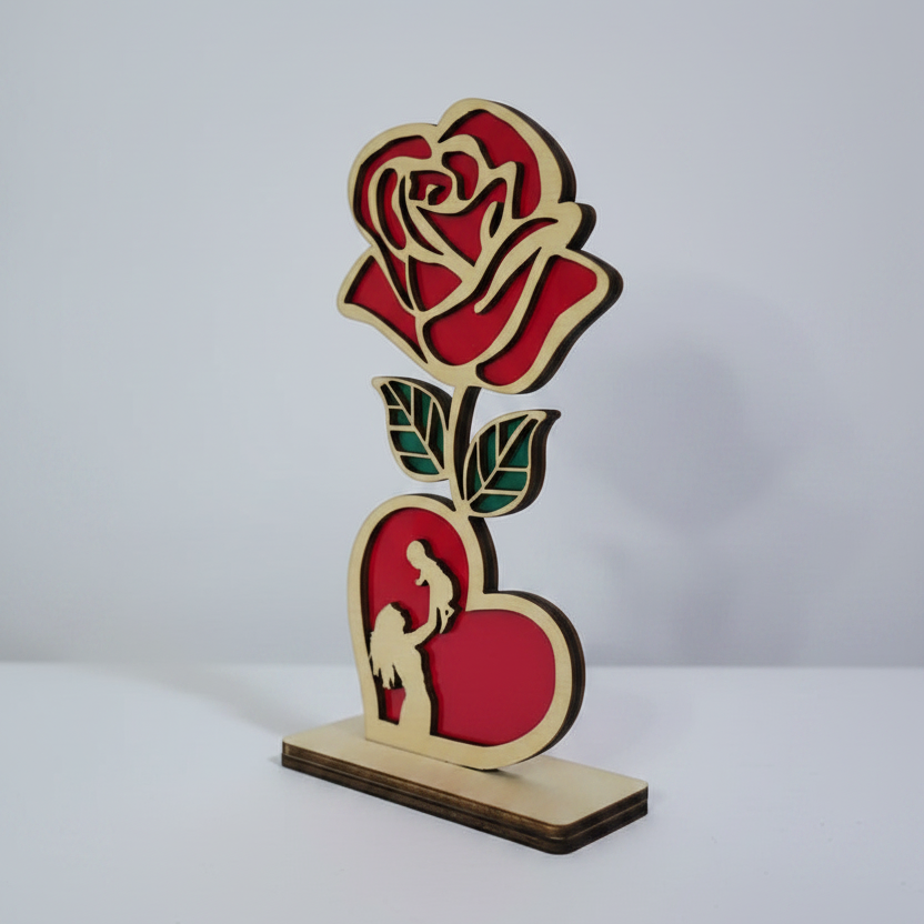 Trandafir decorativ din lemn cu suport – Cadou pentru mama