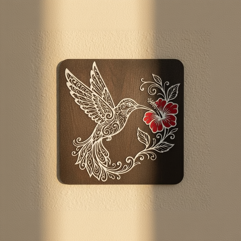 Colibri și Floare de Hibiscus – Decorațiune de perete din lemn