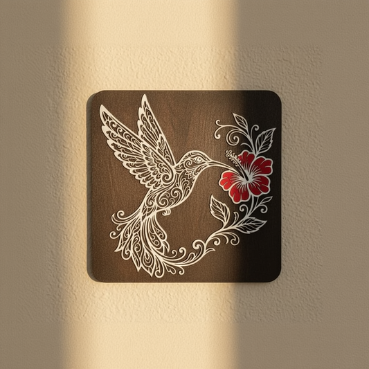 Colibri și Floare de Hibiscus – Decorațiune de perete din lemn
