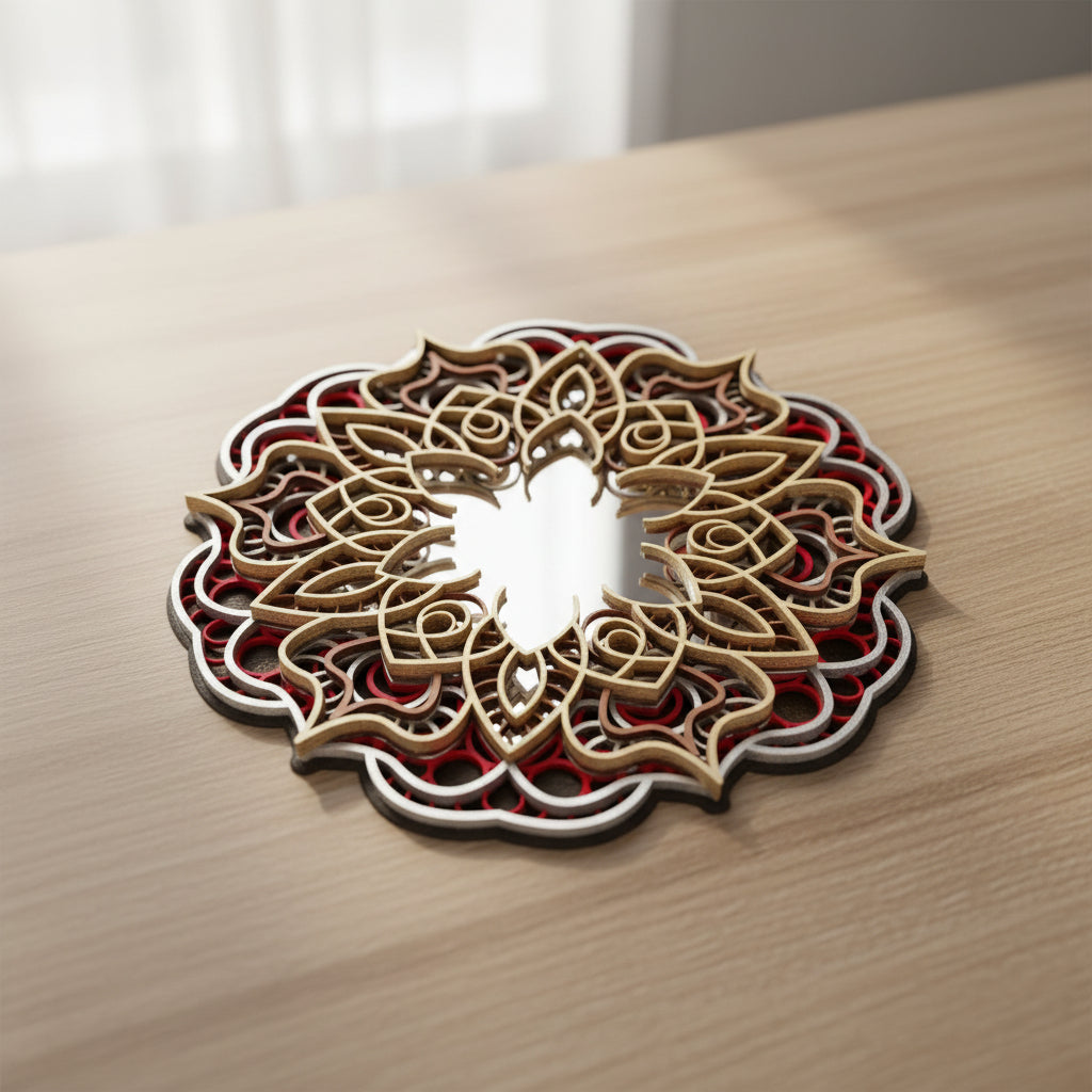 Oglindă decorativă Mandala din lemn – 5 straturi cu oglindă acrilică