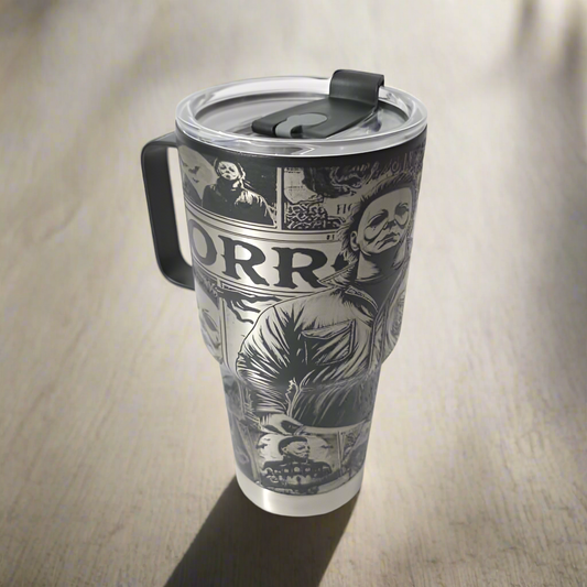 Termos Halloween Michael Myers – Gravură Laser Full Wrap, 845 ml, Negru Mat