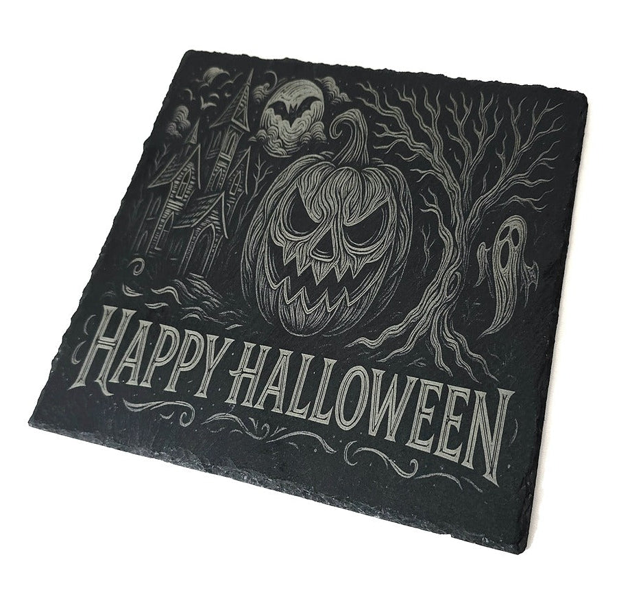 Platou din ardezie gravat laser – „Happy Halloween”