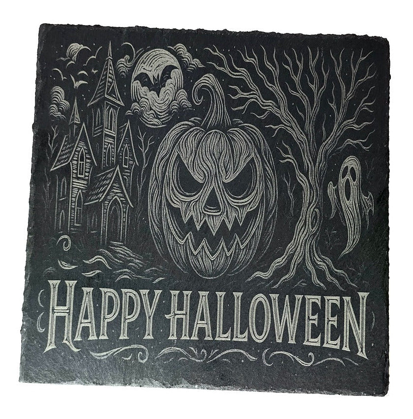 Platou din ardezie gravat laser – „Happy Halloween”