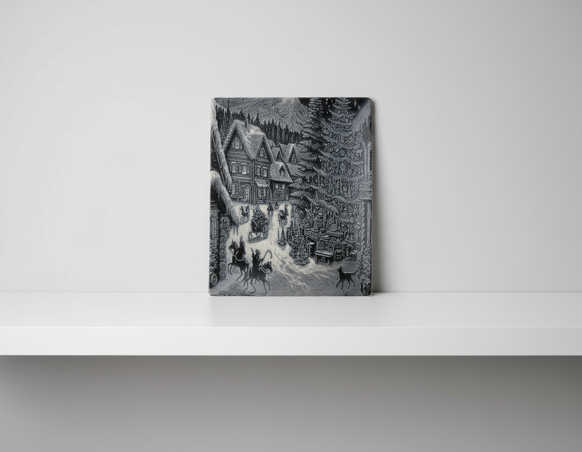 Placă ceramică decorativă – scenă de iarnă gravată laser