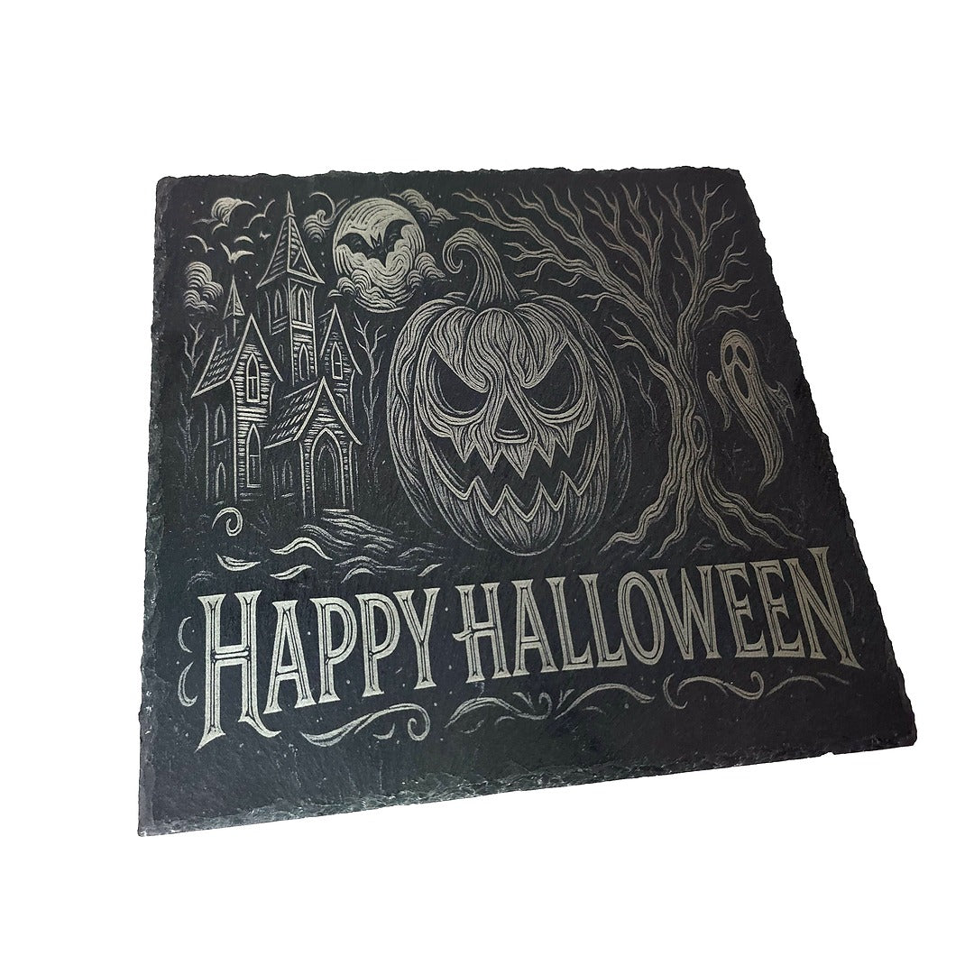 Platou din ardezie gravat laser – „Happy Halloween”
