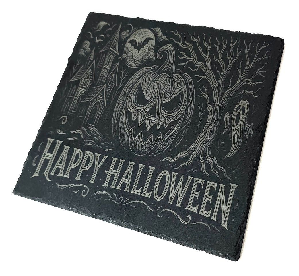 Platou din ardezie gravat laser – „Happy Halloween”