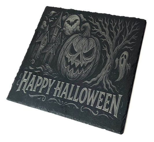 Platou din ardezie gravat laser – „Happy Halloween”