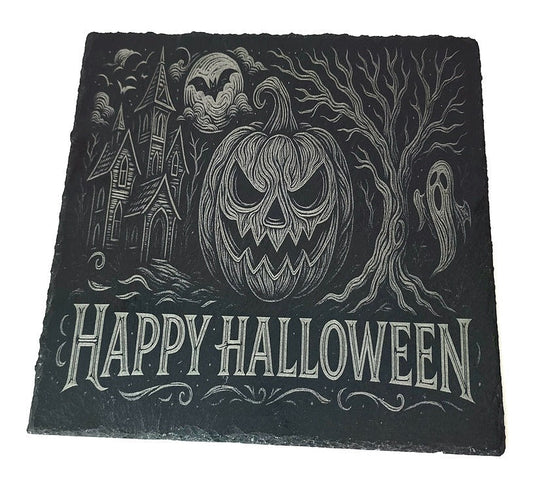 Platou din ardezie gravat laser – „Happy Halloween”